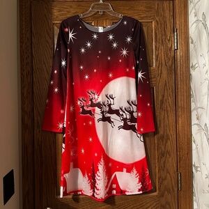 Christmas Dress Sz Medium Reindeer Santas Sleigh Stars